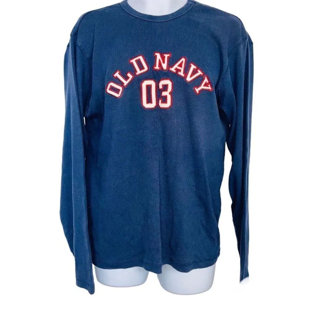Vintage Old Navy Mens L Shirt Blue Thermal Waffle Weave Long Sleeve Logo Pullove